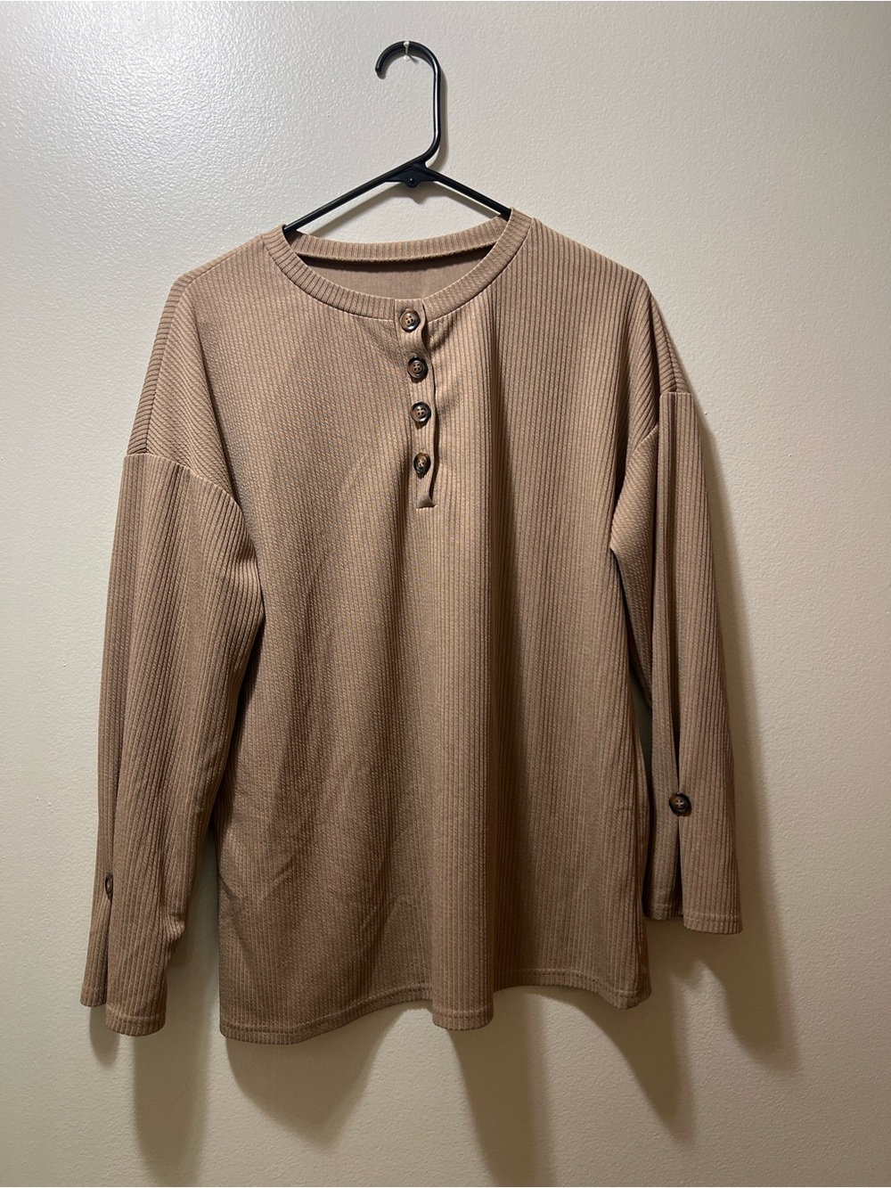 Waffle Henley Long Sleeve Shirt - Beige